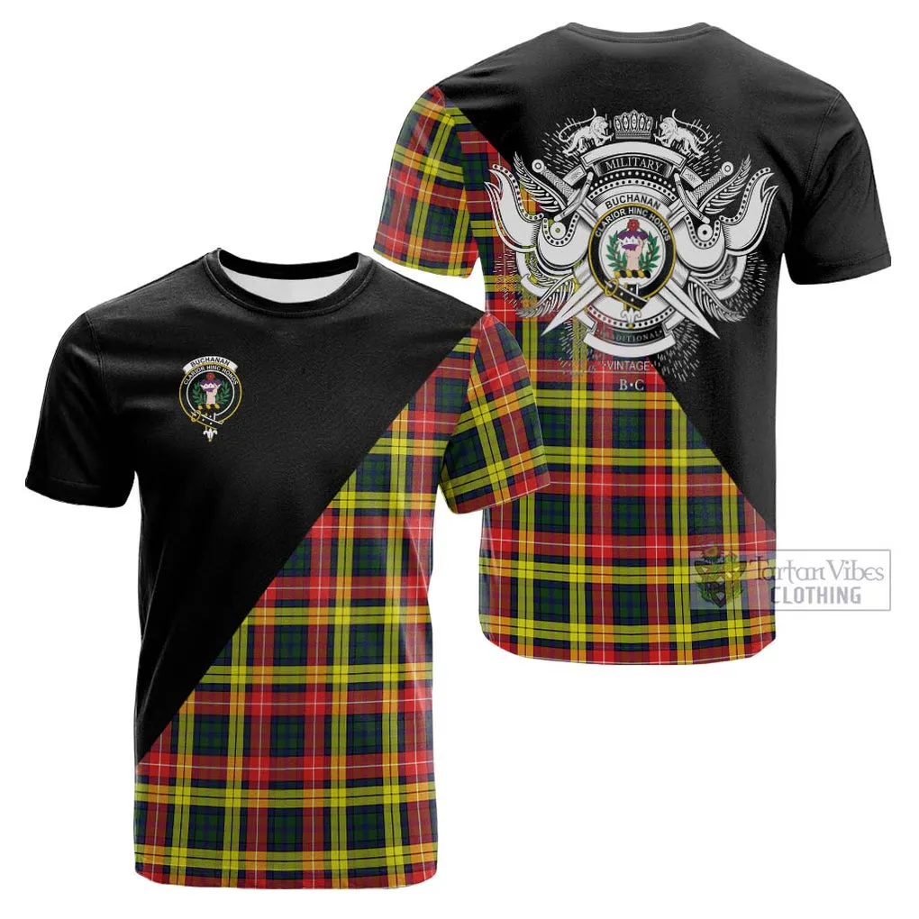 Buchanan Modern Tartan Cotton T-shirt with Family Crest and Military Logo Style