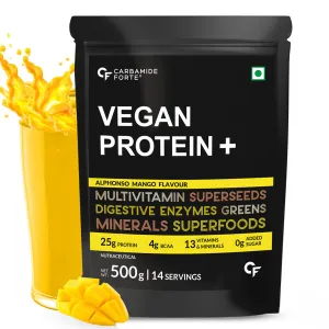 Carbamide Forte Plant Protein Powder - Plant Based Pea Protein Powder with Multivitamin, Minerals, Superfoods, Digestive Enzymes - Alphonso Mango Flavour - 500g