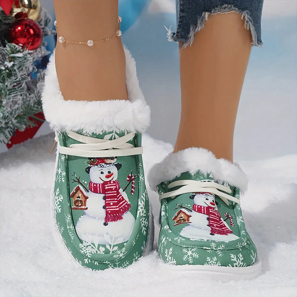 Christmas Snowflake & Snowman Pattern Thermal Lined Fluffy Canvas Shoes