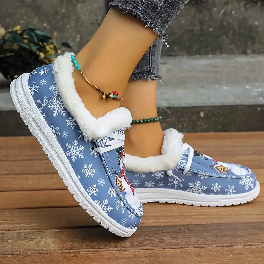 Christmas Snowflake & Snowman Pattern Thermal Lined Fluffy Canvas Shoes