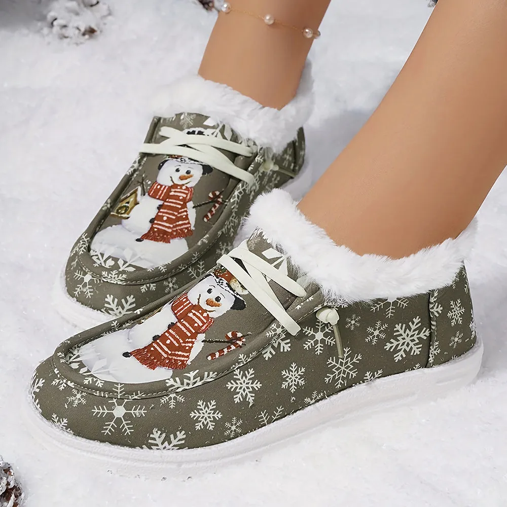 Christmas Snowflake & Snowman Pattern Thermal Lined Fluffy Canvas Shoes