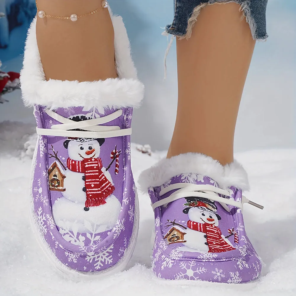 Christmas Snowflake & Snowman Pattern Thermal Lined Fluffy Canvas Shoes