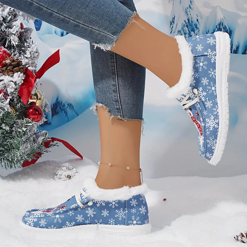 Christmas Snowflake & Snowman Pattern Thermal Lined Fluffy Canvas Shoes