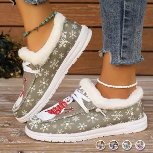 Christmas Snowflake & Snowman Pattern Thermal Lined Fluffy Canvas Shoes