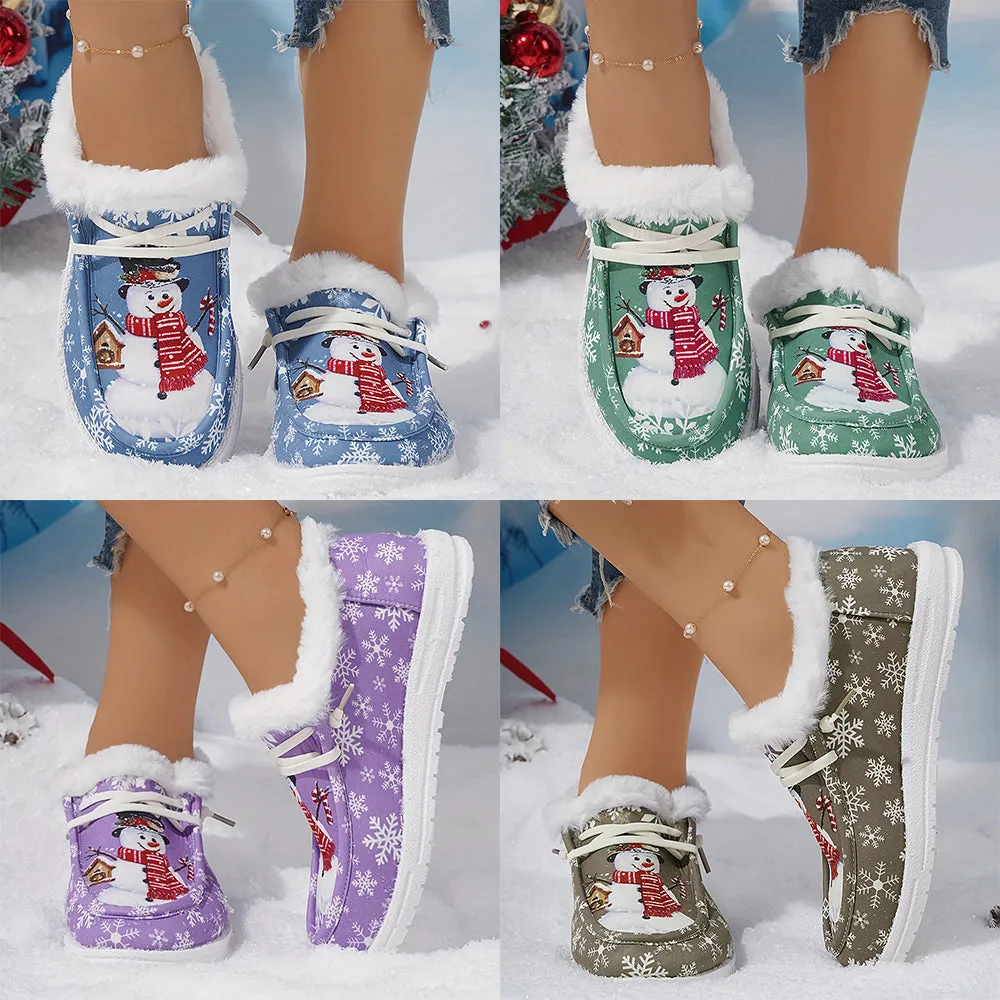 Christmas Snowflake & Snowman Pattern Thermal Lined Fluffy Canvas Shoes