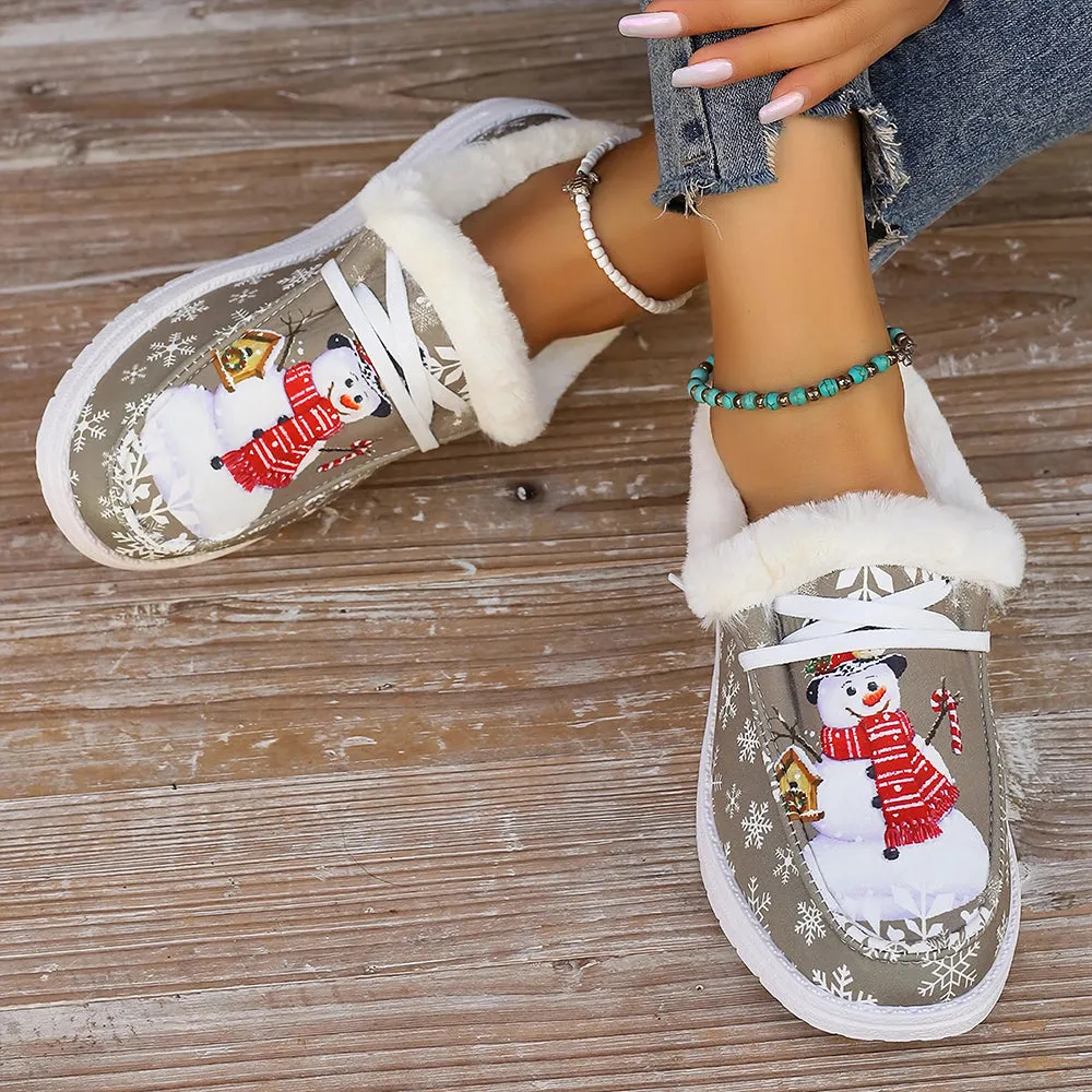 Christmas Snowflake & Snowman Pattern Thermal Lined Fluffy Canvas Shoes