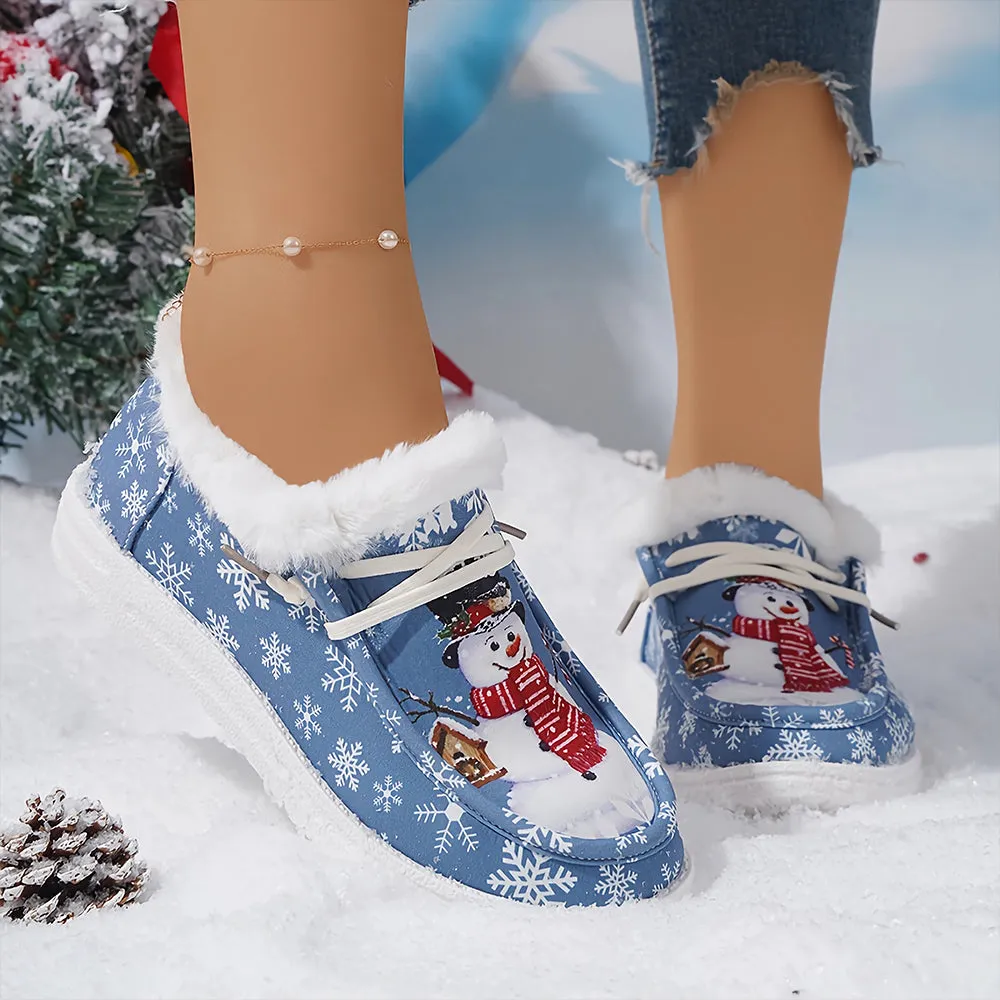 Christmas Snowflake & Snowman Pattern Thermal Lined Fluffy Canvas Shoes