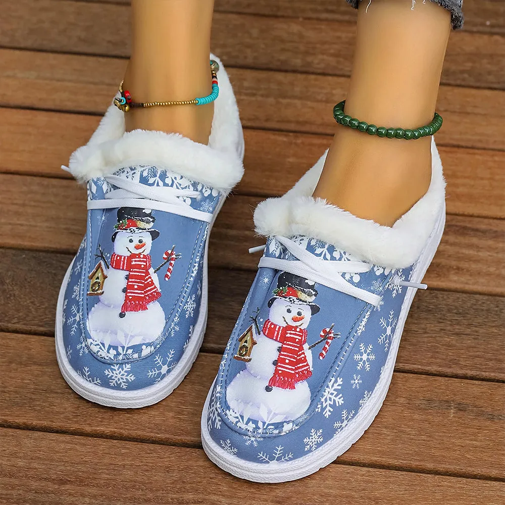 Christmas Snowflake & Snowman Pattern Thermal Lined Fluffy Canvas Shoes