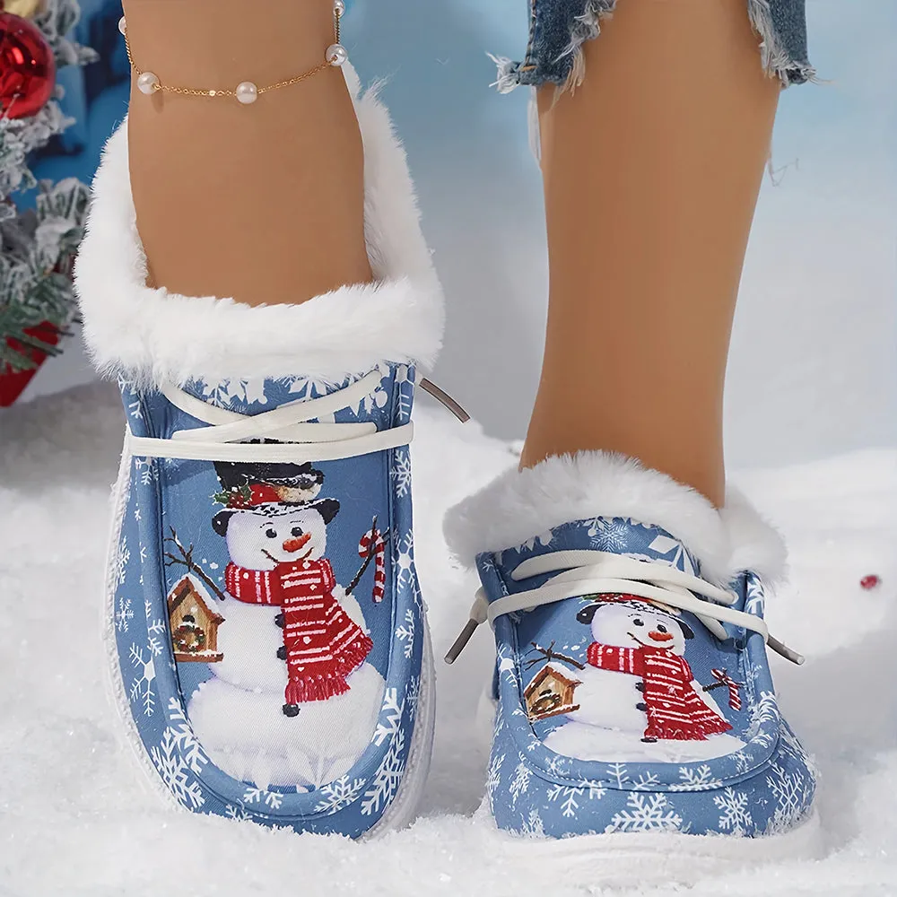 Christmas Snowflake & Snowman Pattern Thermal Lined Fluffy Canvas Shoes