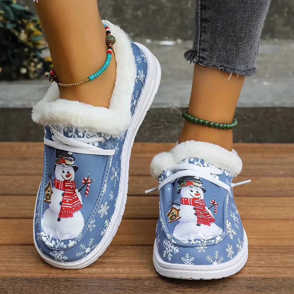 Christmas Snowflake & Snowman Pattern Thermal Lined Fluffy Canvas Shoes