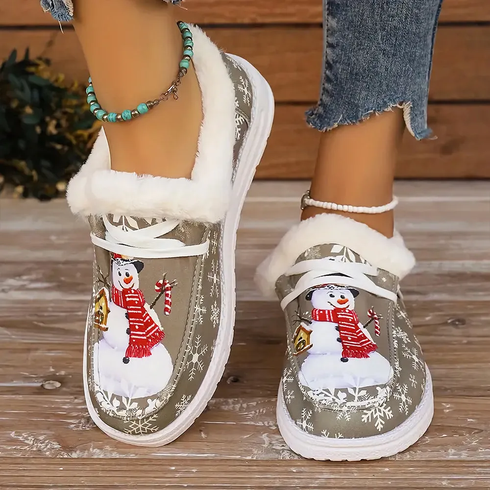 Christmas Snowflake & Snowman Pattern Thermal Lined Fluffy Canvas Shoes