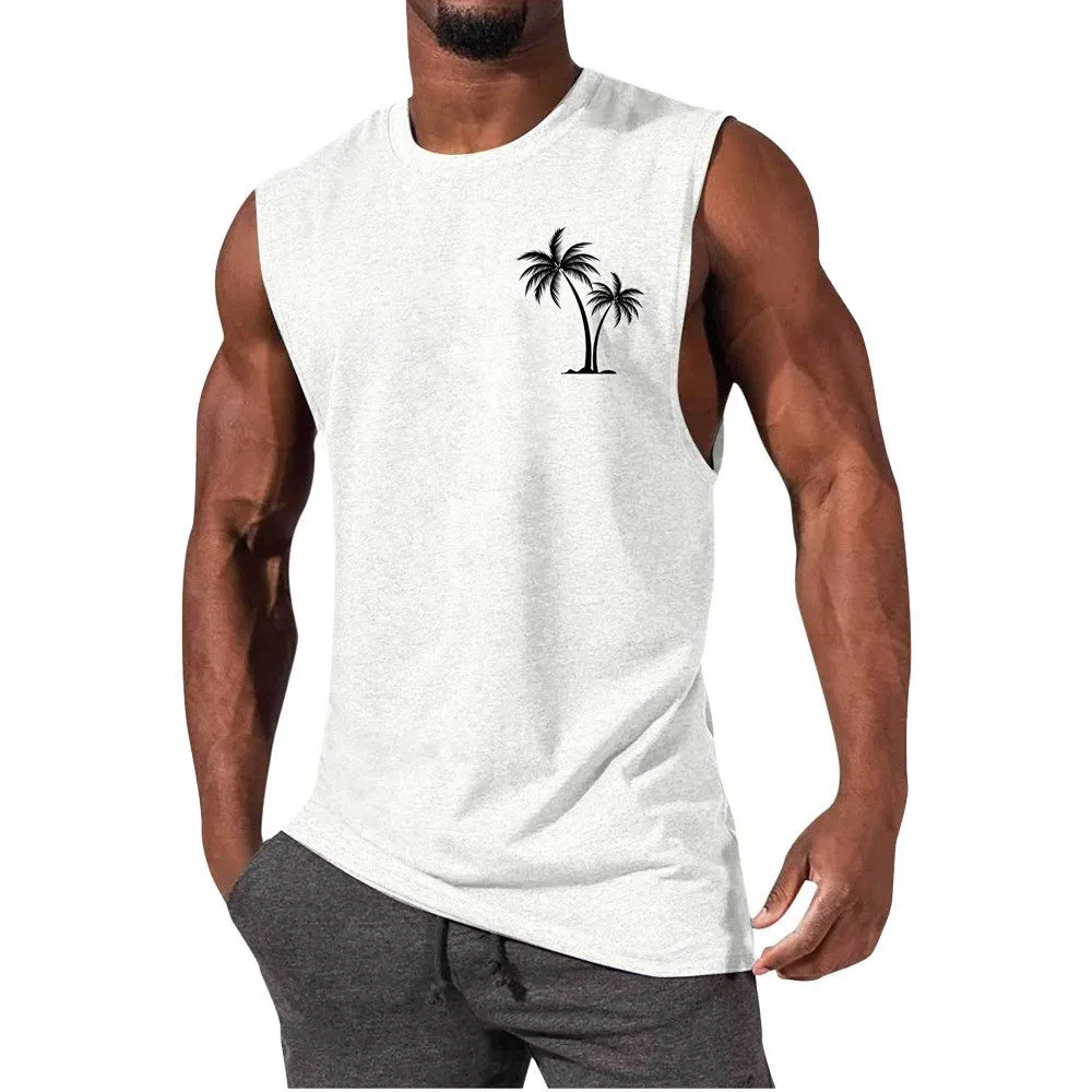 Coconut Tree Embroidery Vest Summer Beach Tank Tops Workout Muscle Men Sports Fitness T-shirt