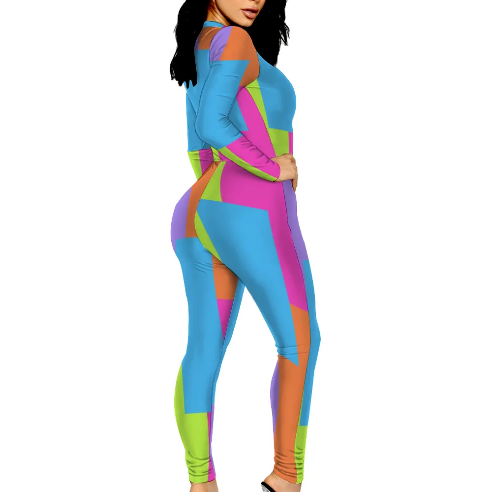 Colorful Women's Sexy Front Zip Bodysuit Long Sleeve Jumpsuit