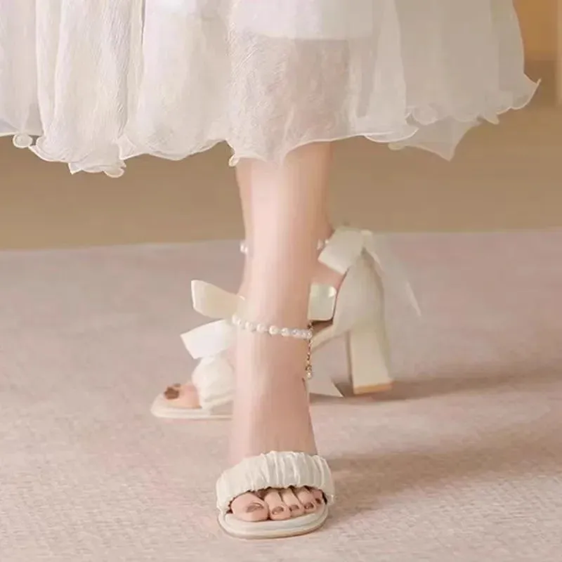 Comfort Shoes for Women Pearl Sandals Suit Female Beige Increasing Height Block Heels All-Match Black Bow 2024 Fashion Chunky