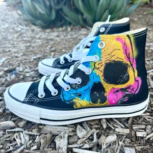 Custom Skull Print Black Converse High Top Chuck Taylor Shoes