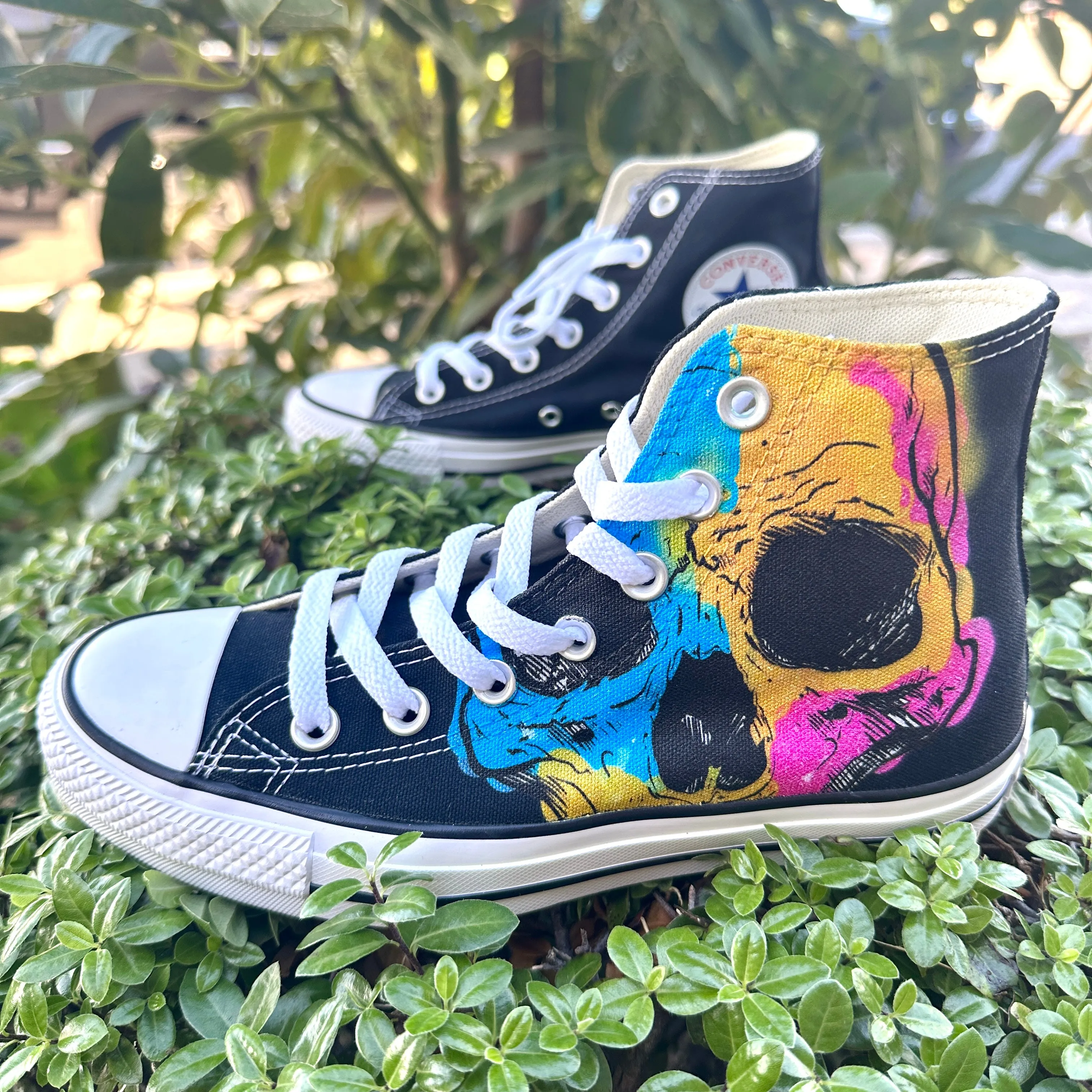 Custom Skull Print Black Converse High Top Chuck Taylor Shoes