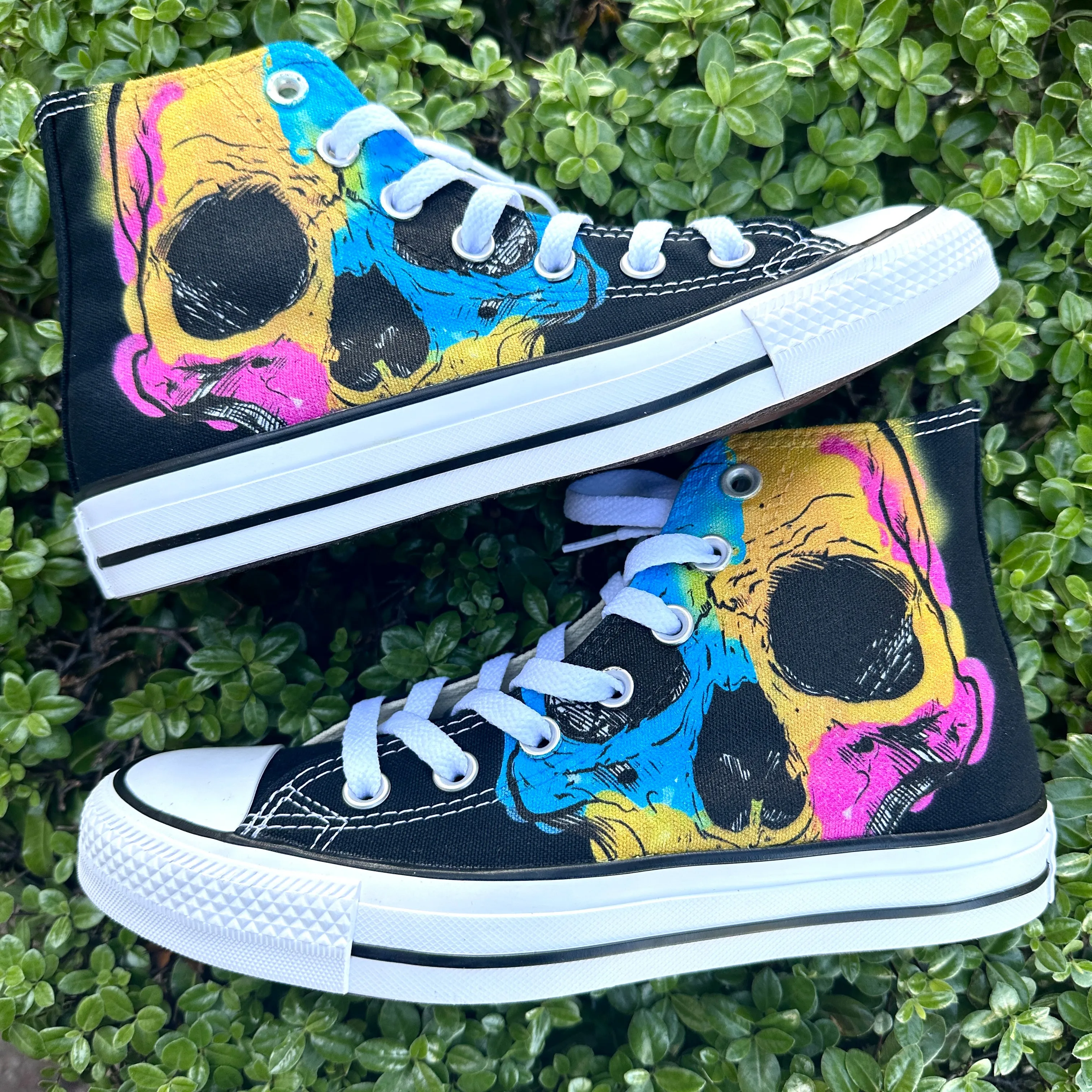 Custom Skull Print Black Converse High Top Chuck Taylor Shoes