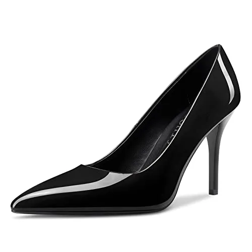 DearOnly Womens Pumps Pointed Toe Slip On Stiletto High Heel Patent Dress Shoes Office Black 3.5 Inch