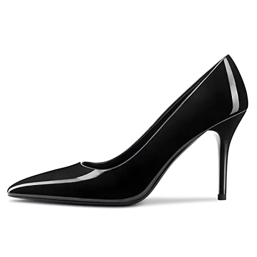 DearOnly Womens Pumps Pointed Toe Slip On Stiletto High Heel Patent Dress Shoes Office Black 3.5 Inch