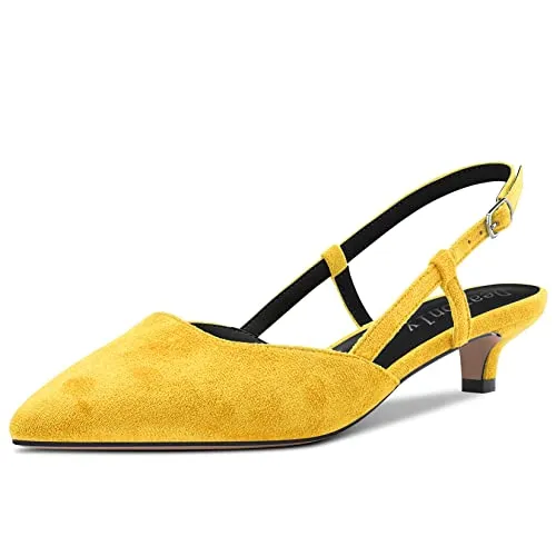 DearOnly Womens Slingback Pumps Low Kitten Heel Closed Pointed Toe Suede Dress Shoes Cute Sandals Bridal Wedding Shopping Yellow 1.5 Inch