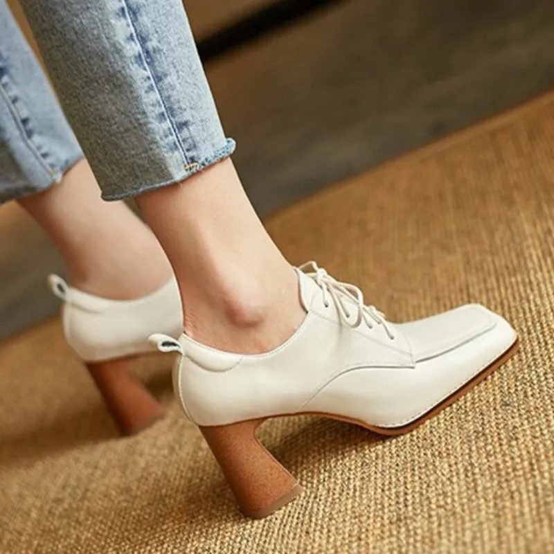 Fabulous Trend Thick Heels Vegan Leather Lace-up Oxford Shoes