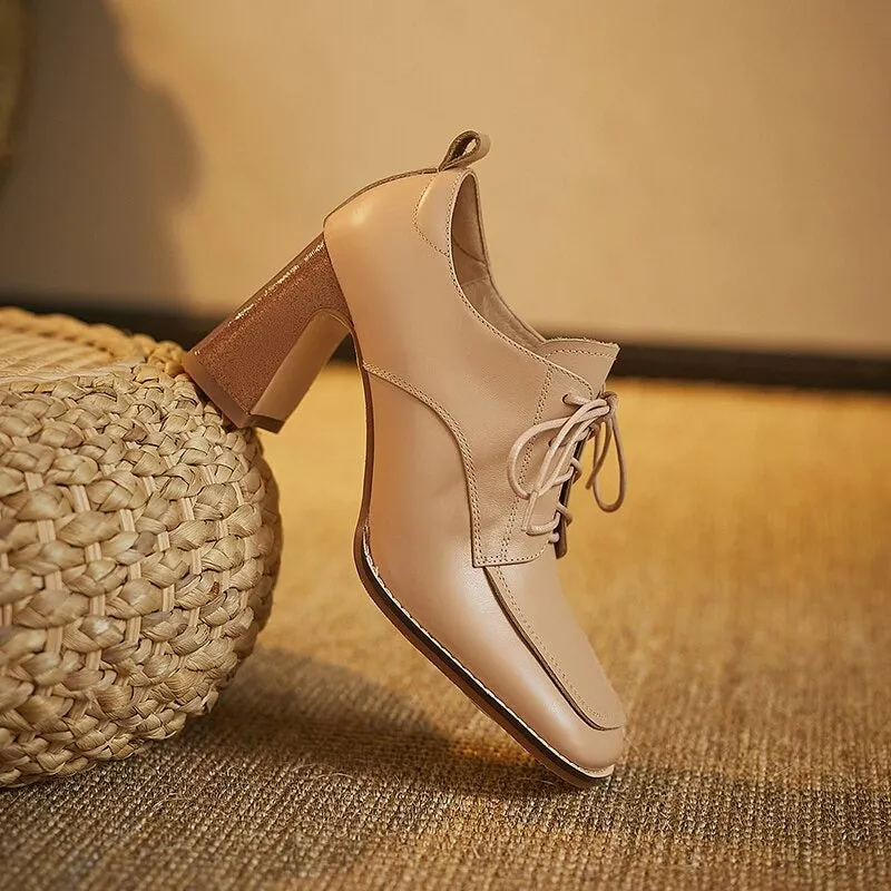 Fabulous Trend Thick Heels Vegan Leather Lace-up Oxford Shoes