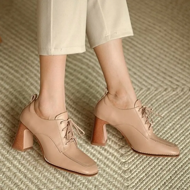 Fabulous Trend Thick Heels Vegan Leather Lace-up Oxford Shoes