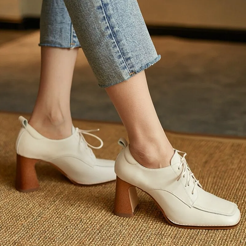 Fabulous Trend Thick Heels Vegan Leather Lace-up Oxford Shoes