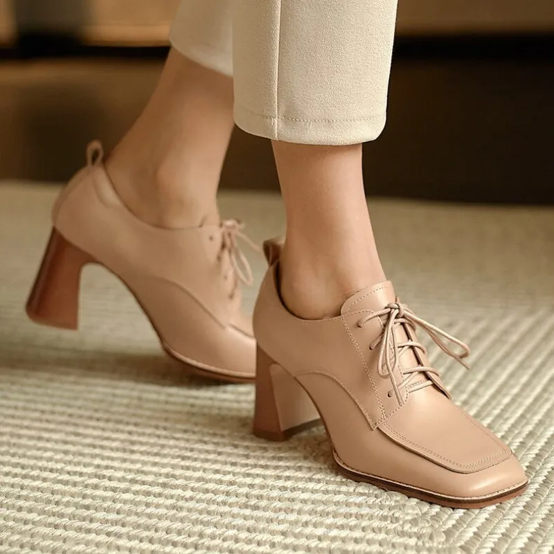 Fabulous Trend Thick Heels Vegan Leather Lace-up Oxford Shoes