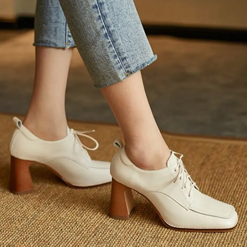 Fabulous Trend Thick Heels Vegan Leather Lace-up Oxford Shoes