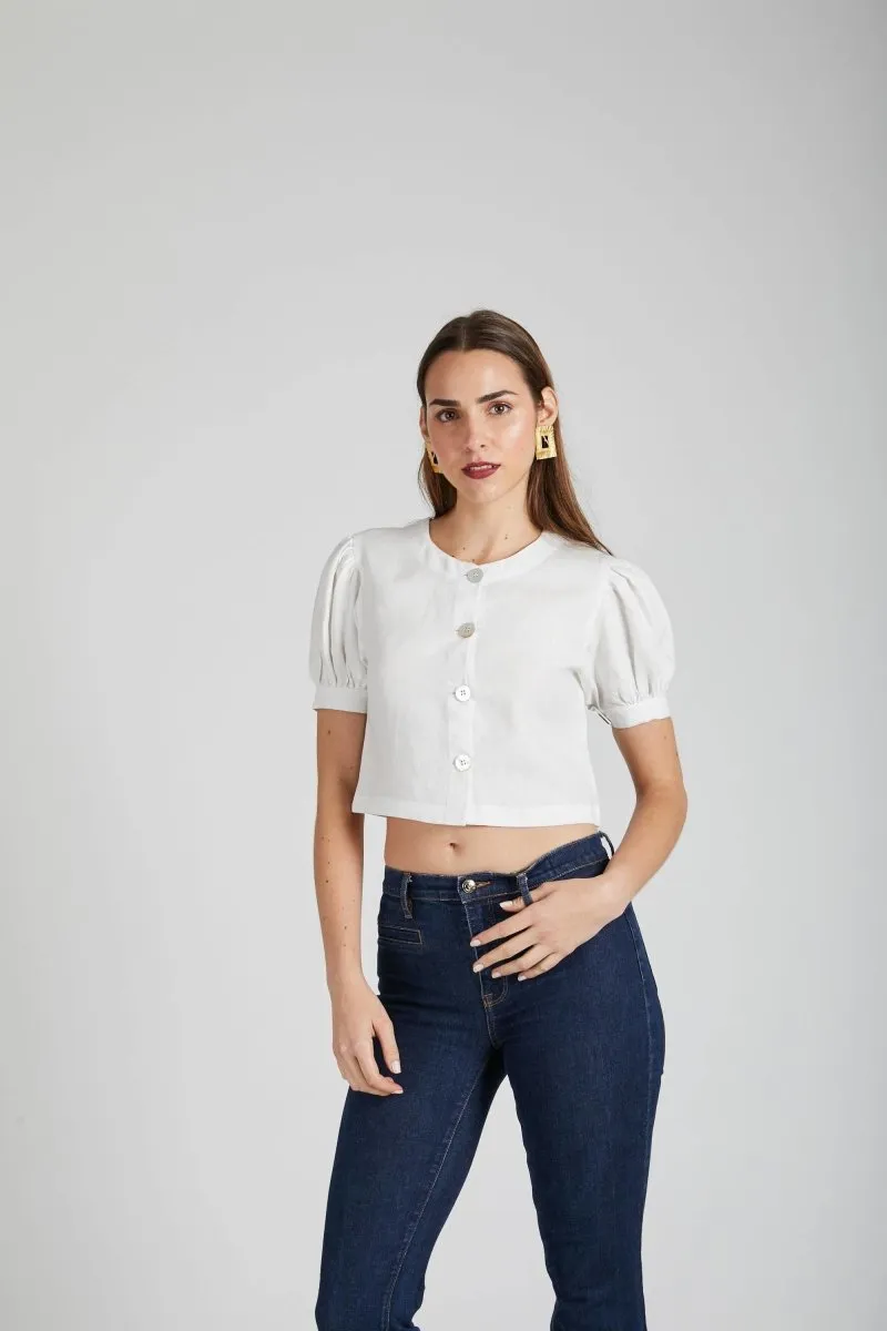 Flame Puff Sleeve Top White