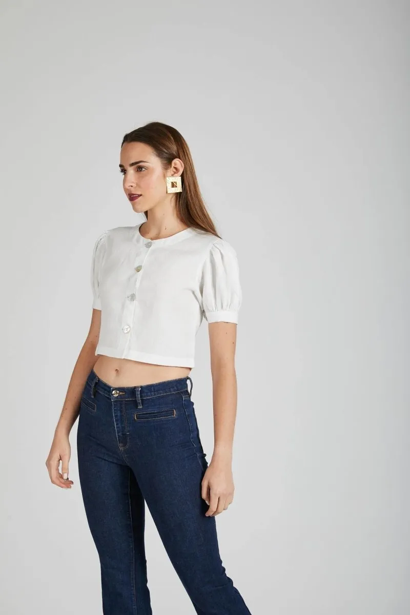 Flame Puff Sleeve Top White