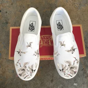 Flying Cranes - Custom Slip Ons White - Custom Vans Shoes