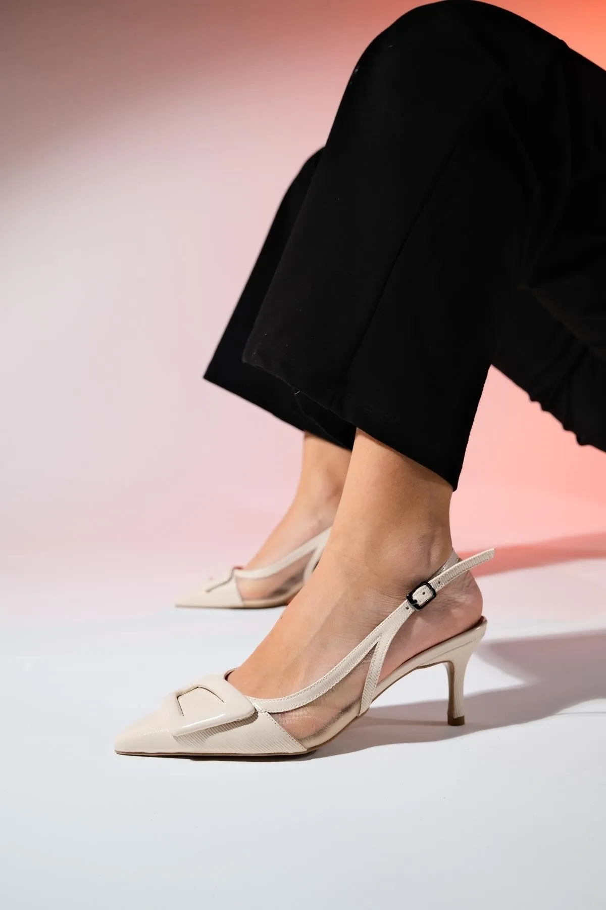 FOLEY Beige Patent Leather Striped Women's Pointed Toe Open Back Thin Heeled Shoes