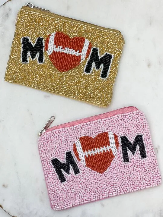 Football Heart 'Mom' Beaded Zip Pouch - Gold