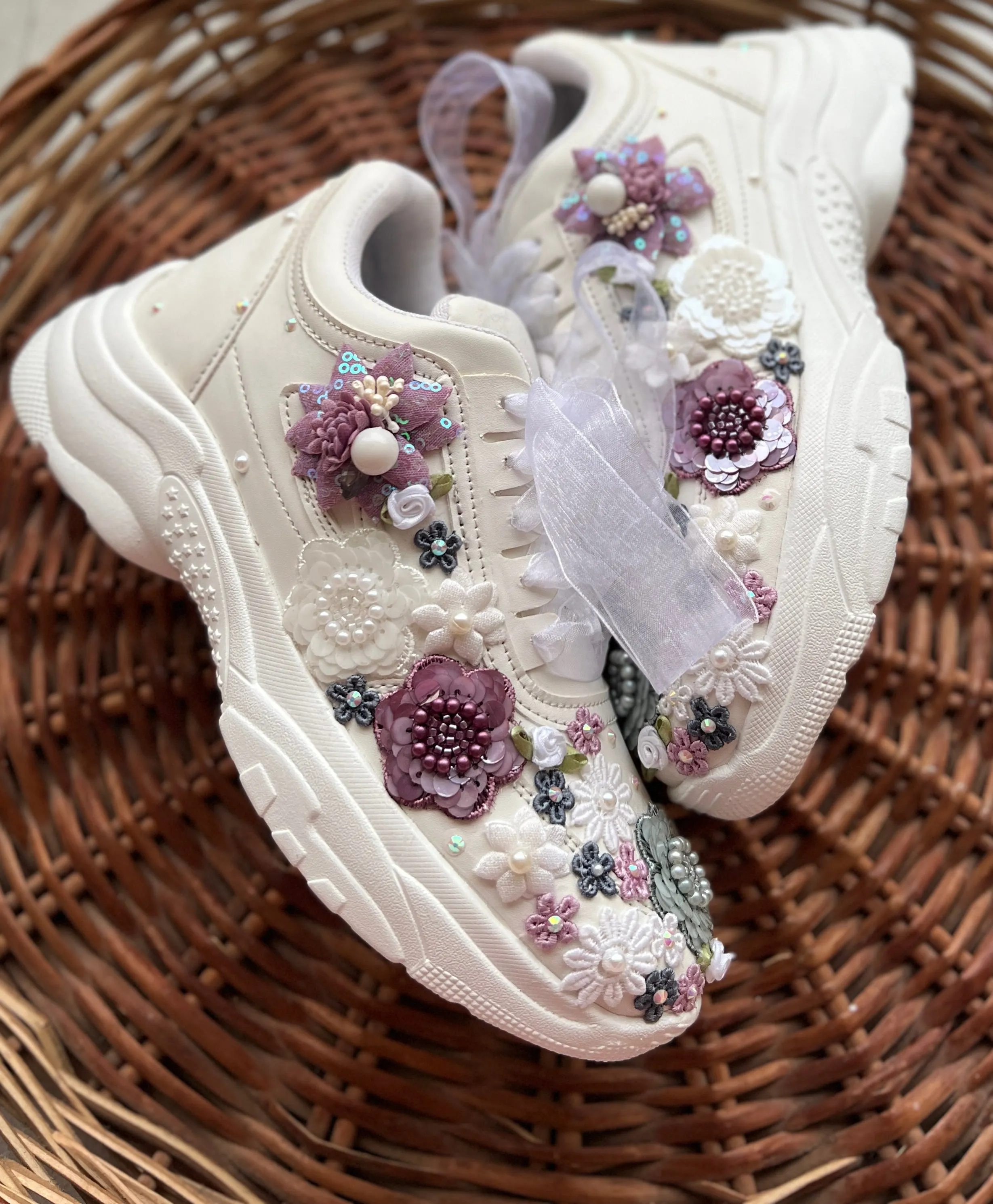 FUNKY N TRENDY hand embroidered floral work sneakers/ white sneakers /bridal shoes / bridal sneakers / floral sneakers/flower shoes /bridesmaid sneakers/ grey shoes / purple sneakers/ white sneakers