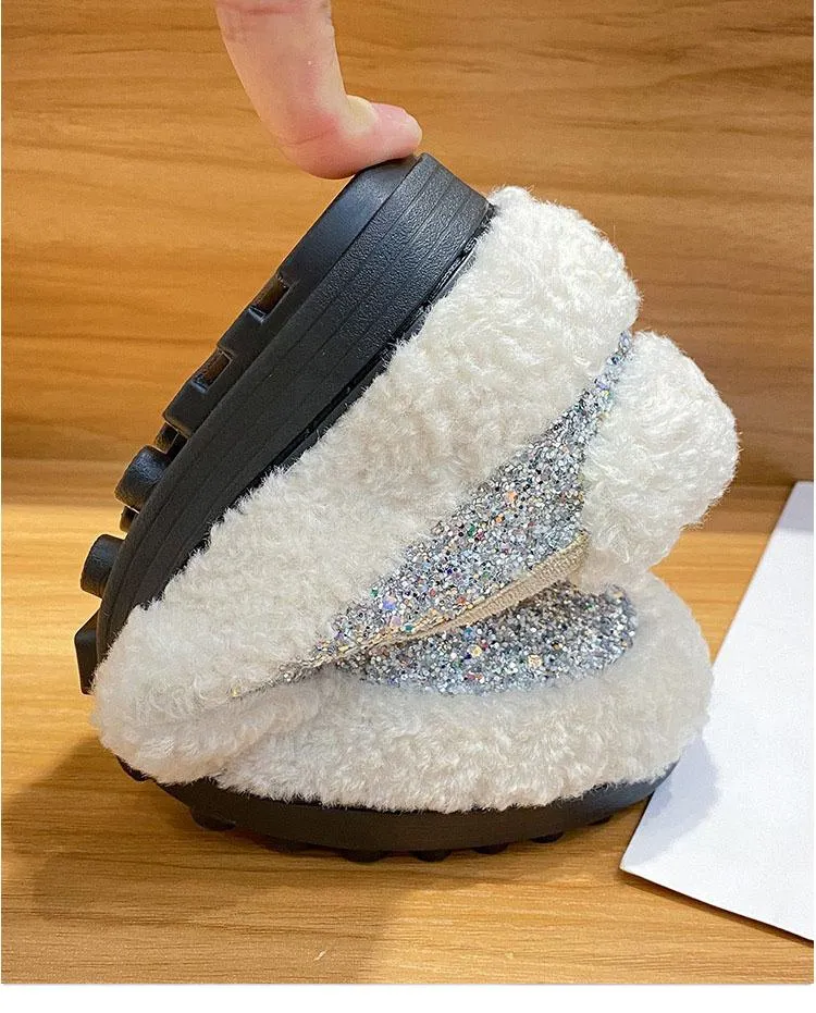 Furry Outer Wearing Flats Loafers Bling Decor Backless  Wild Fluffy Flat Mules Warm flats sneakers glitter winter