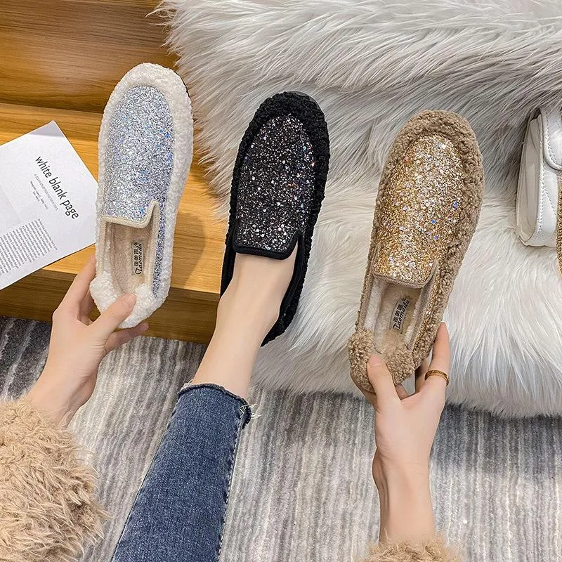 Furry Outer Wearing Flats Loafers Bling Decor Backless  Wild Fluffy Flat Mules Warm flats sneakers glitter winter