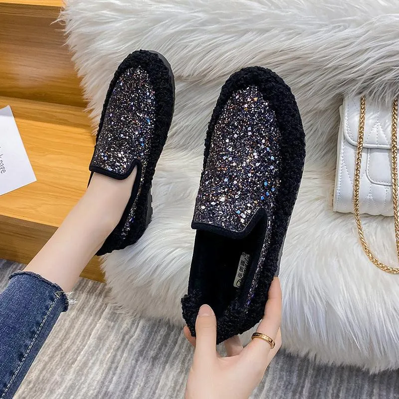 Furry Outer Wearing Flats Loafers Bling Decor Backless  Wild Fluffy Flat Mules Warm flats sneakers glitter winter