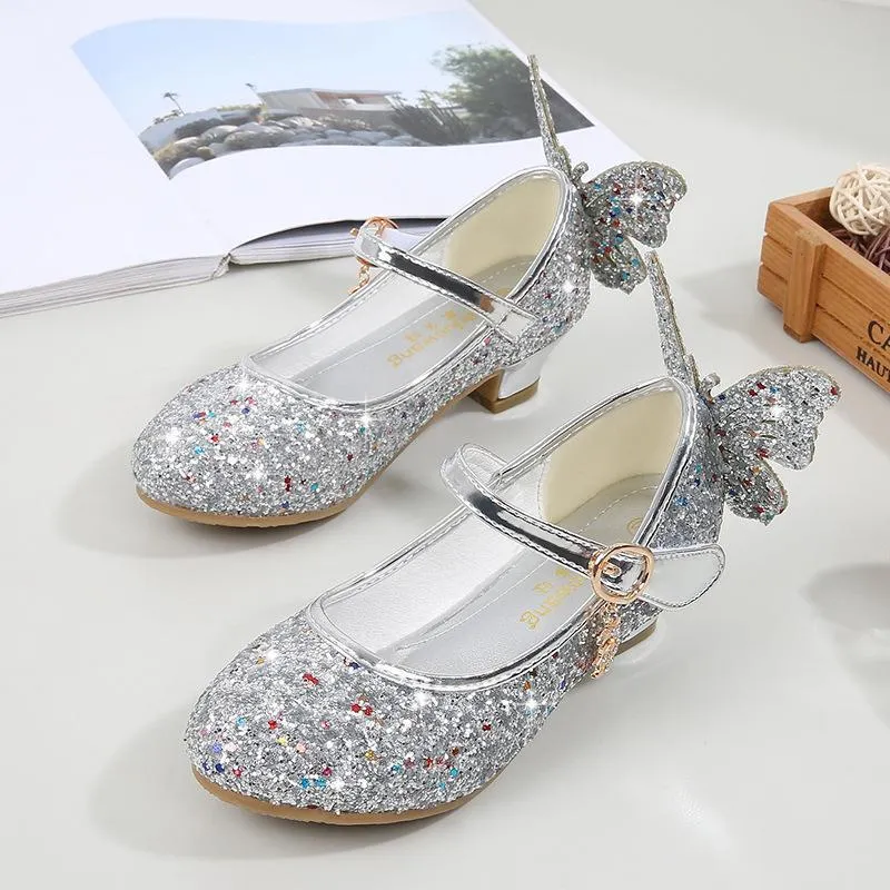 Girls Glitter Butterfly Mary Jane Flats With Mini Heels Dress Shoes