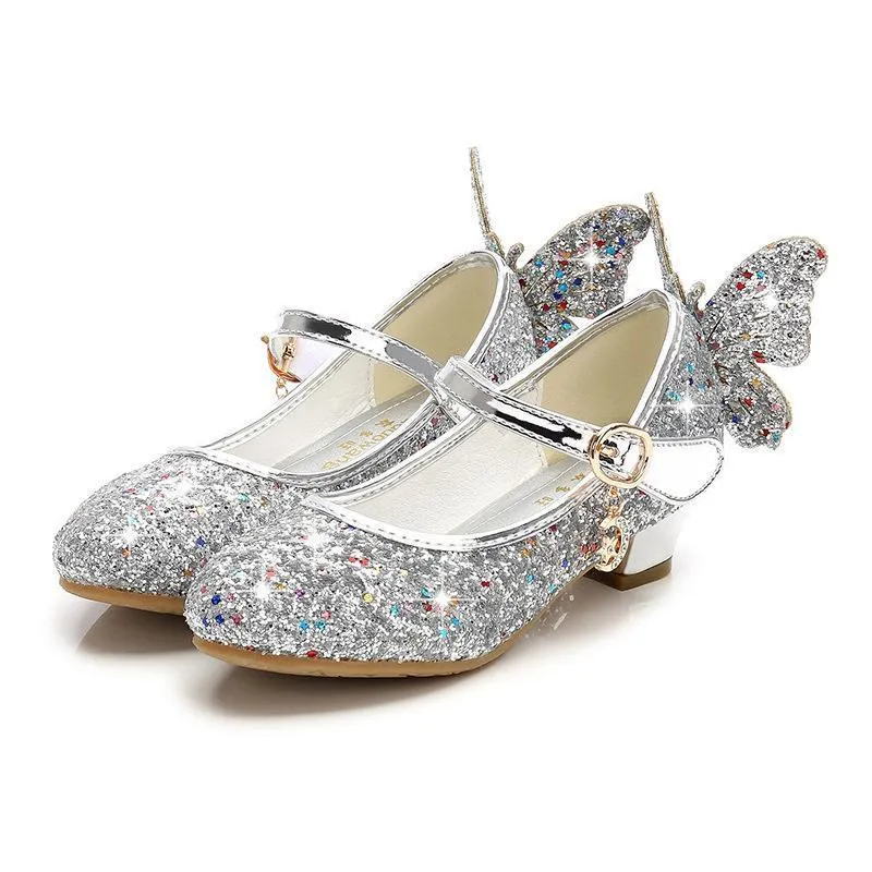 Girls Glitter Butterfly Mary Jane Flats With Mini Heels Dress Shoes