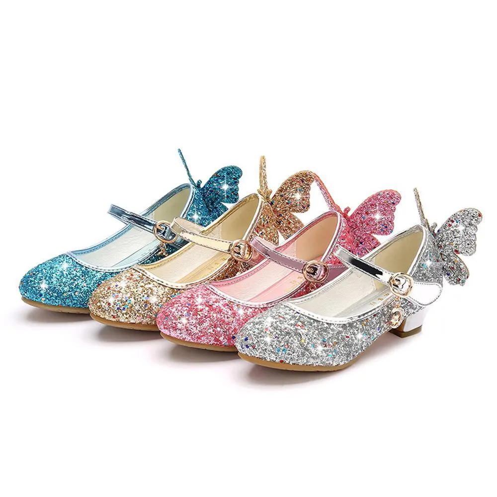 Girls Glitter Butterfly Mary Jane Flats With Mini Heels Dress Shoes