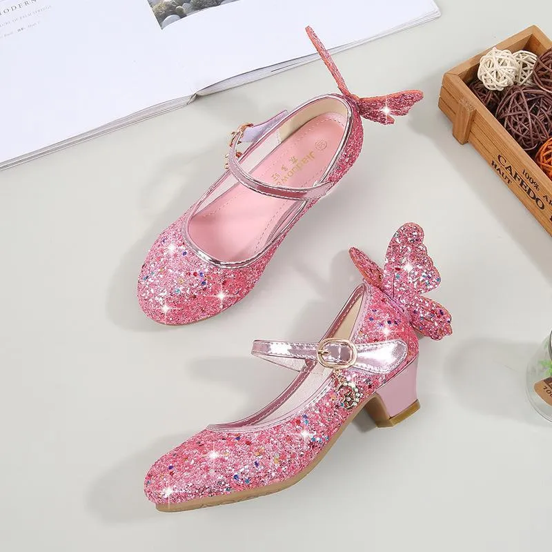 Girls Glitter Butterfly Mary Jane Flats With Mini Heels Dress Shoes