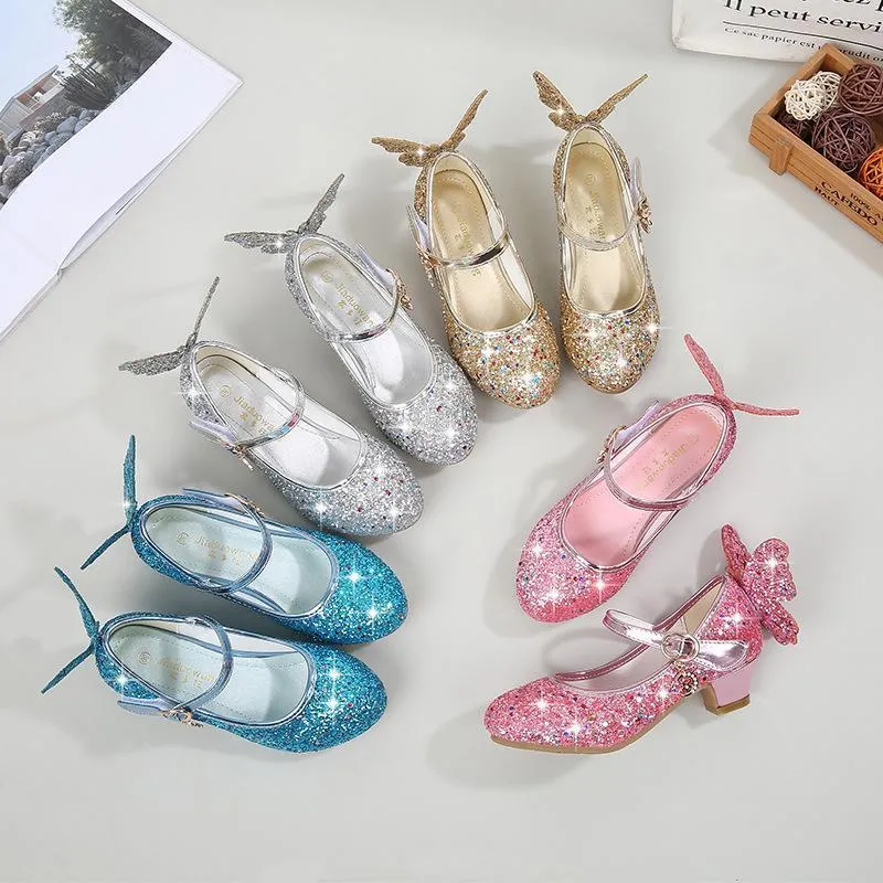 Girls Glitter Butterfly Mary Jane Flats With Mini Heels Dress Shoes