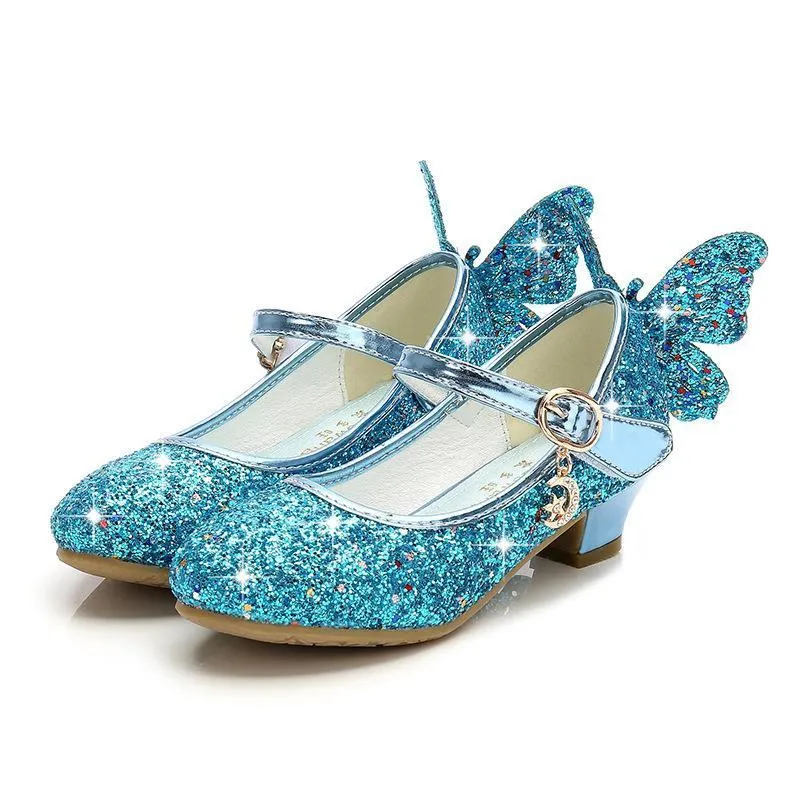 Girls Glitter Butterfly Mary Jane Flats With Mini Heels Dress Shoes