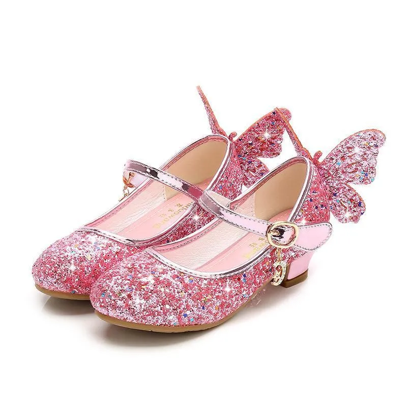 Girls Glitter Butterfly Mary Jane Flats With Mini Heels Dress Shoes