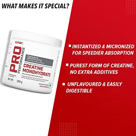 GNC Pro Performance Creatine Monohydrate | (Unflavoured | 250 gm Powder)