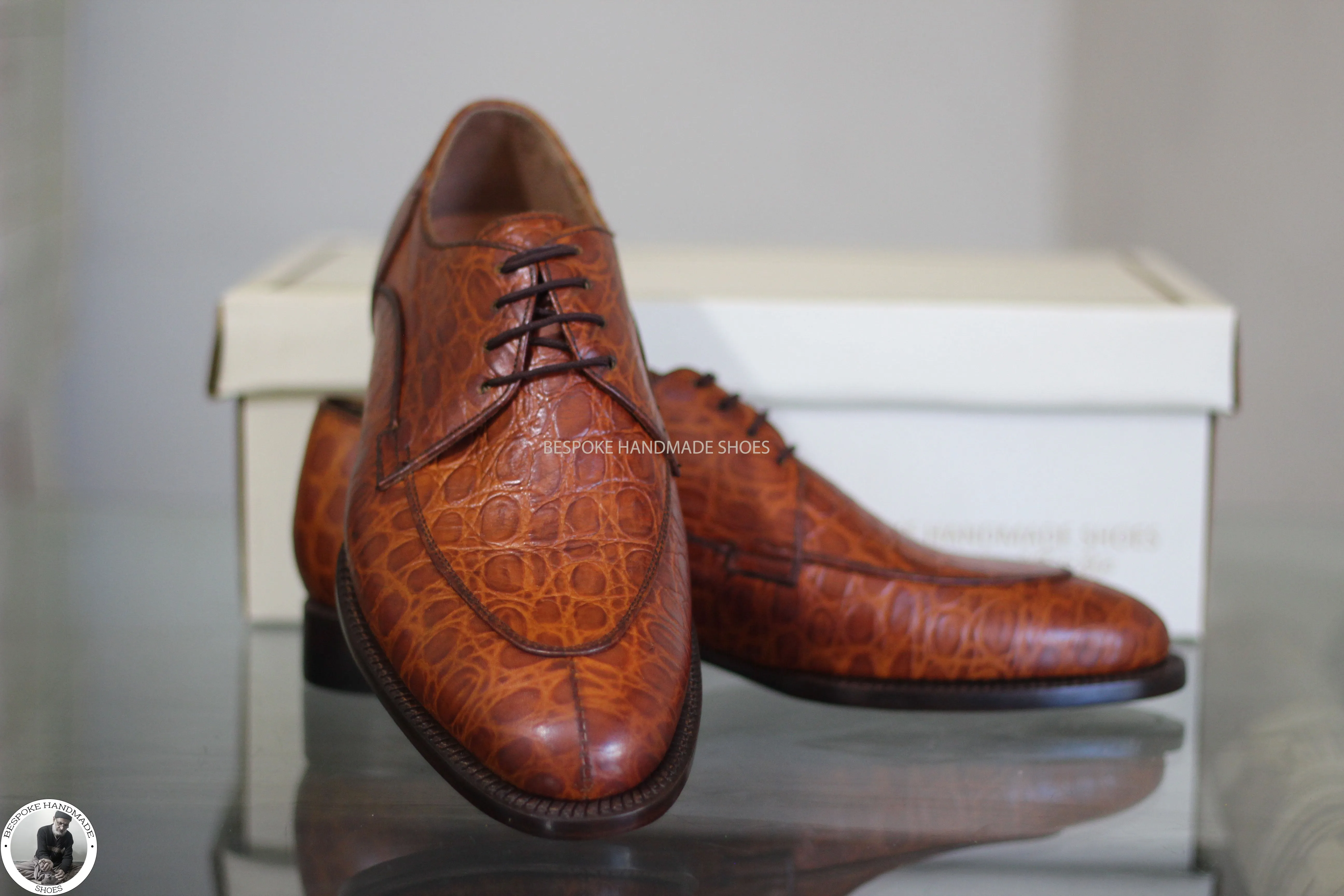 Handcrafted Pure Calf Brown Alligator Leather Oxford Derby Fashion Shoes For Men's