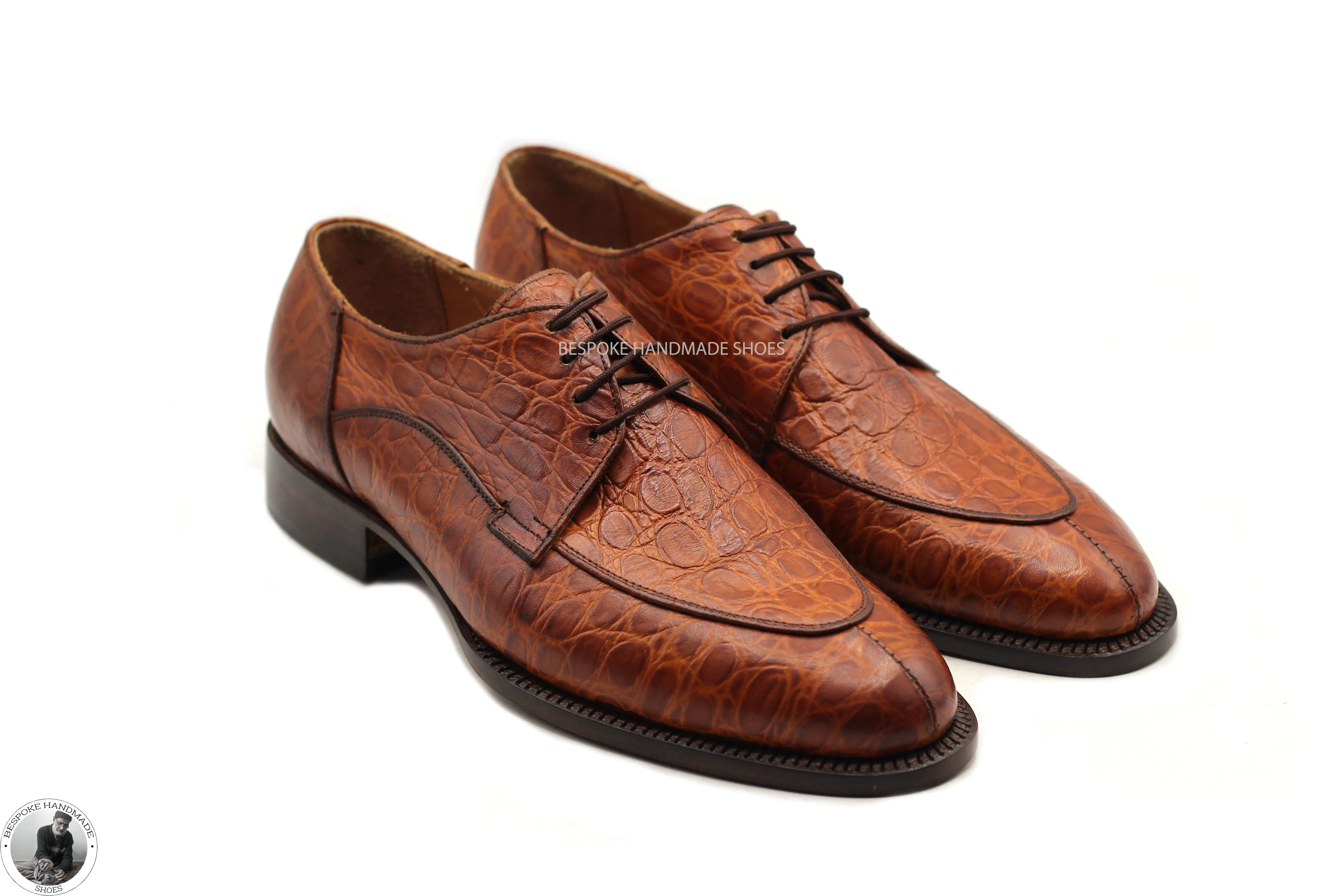 Handcrafted Pure Calf Brown Alligator Leather Oxford Derby Fashion Shoes For Men's