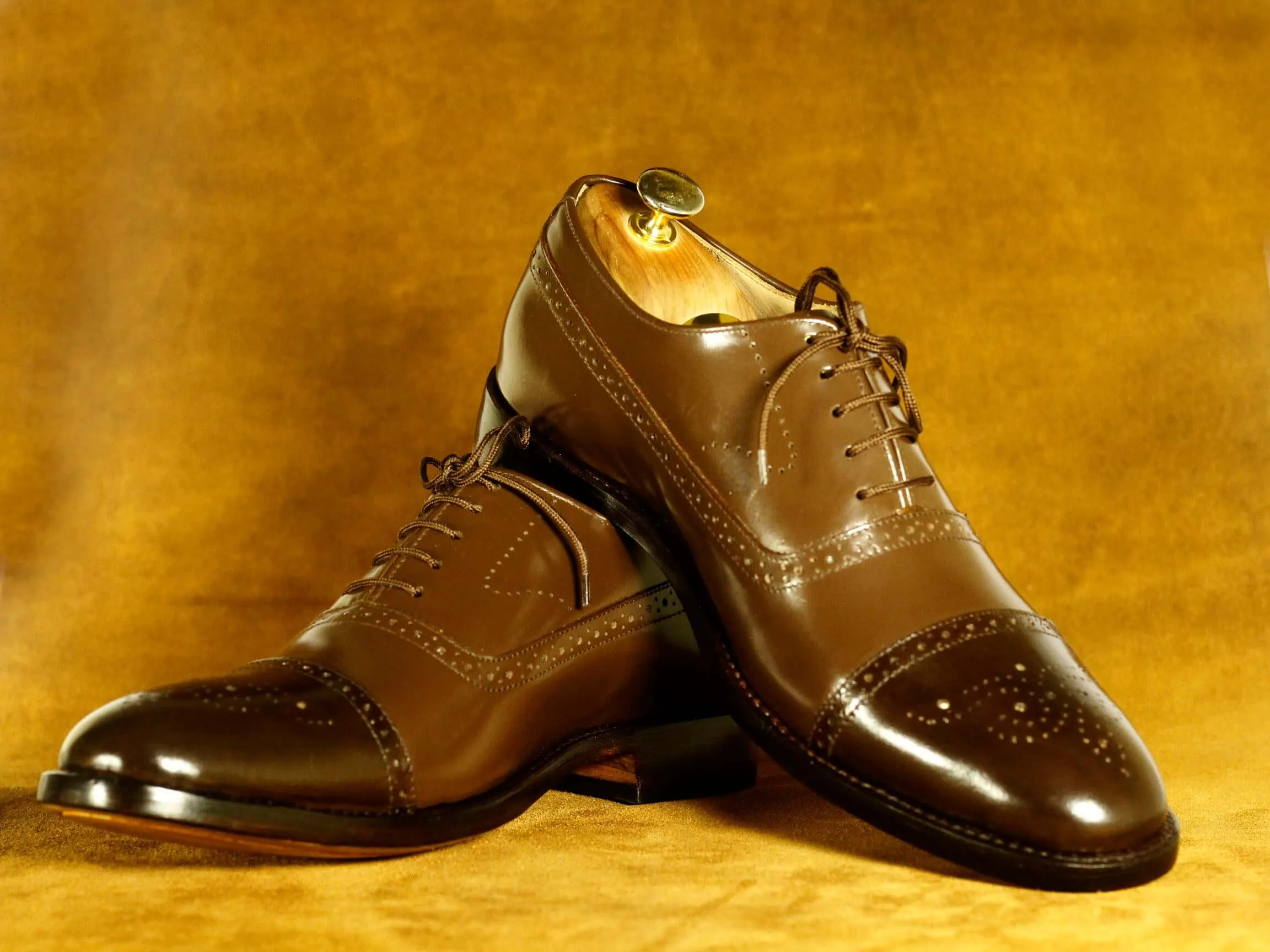 Handmade Brown Cap Toe Brogue Leather Lace Up Shoe Men's Dress shoes